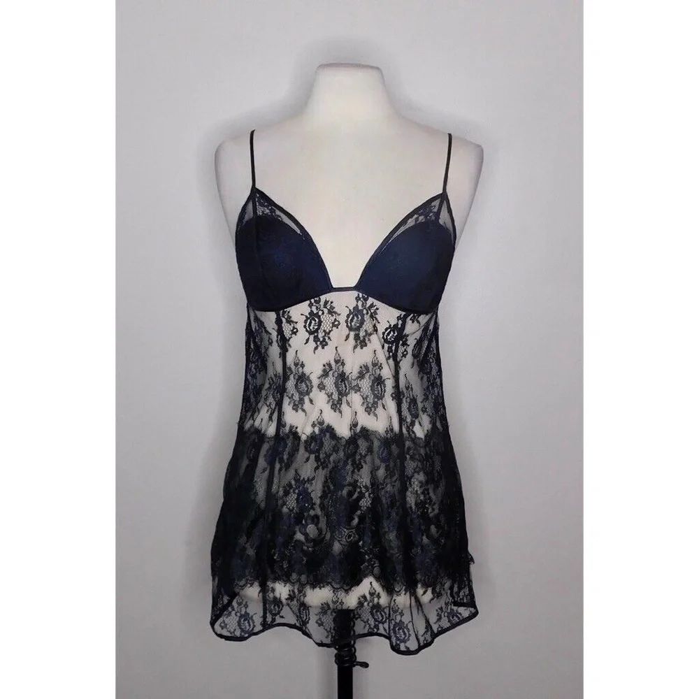 VICTORIA’S SECRET Very Sexy Black Lace Strappy Babydoll Sheer Gown Chemise Large